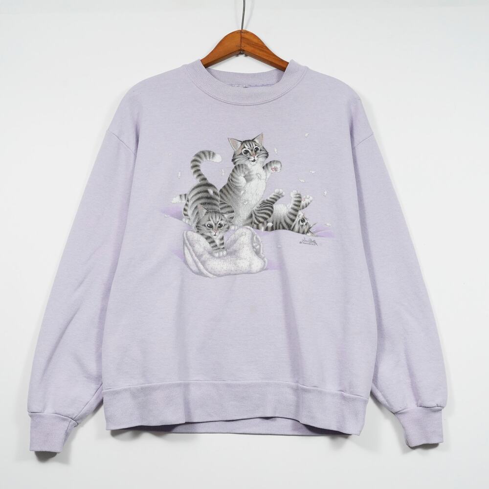 Vintage 90s Cat Graphic Sweatshirt Purple Size M (Tag Cut) Morning Sun Style